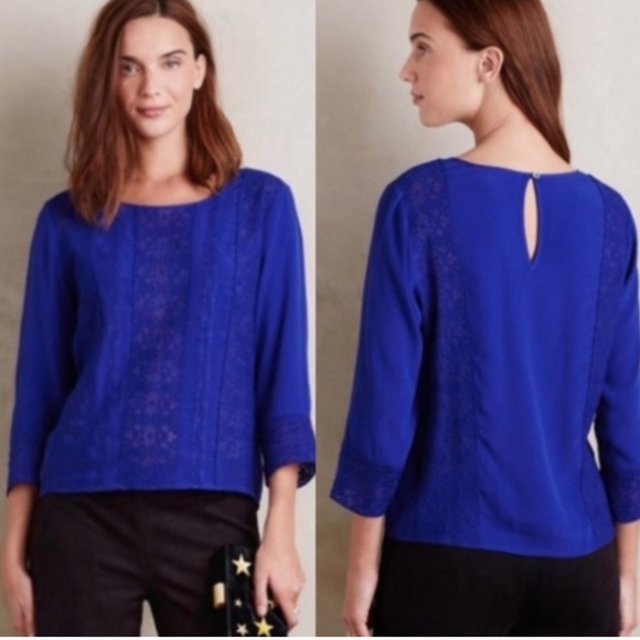 Anthropologie Meadow Rue Blue Salina Lace Long Sleeve Blouse - Picture 1 of 12
